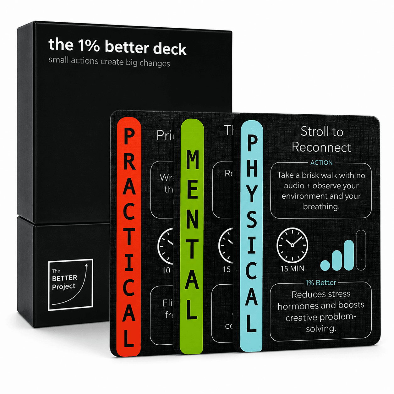 The 1% Better Deck box with sample action cards